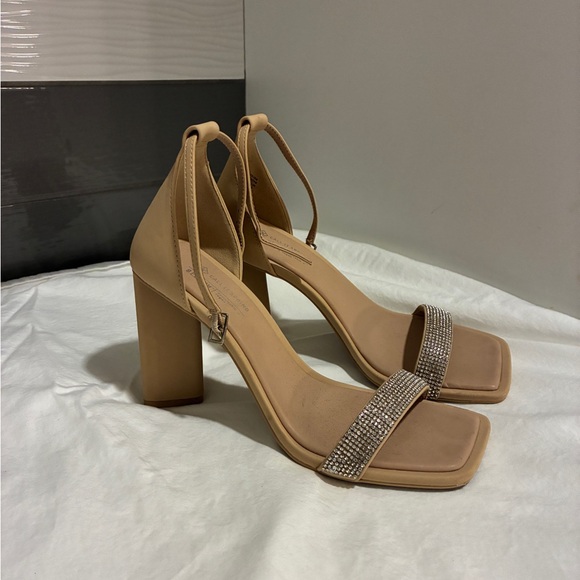 Call It Spring Tan Block Heels with Rhinestone Strap - Picture 4 of 4